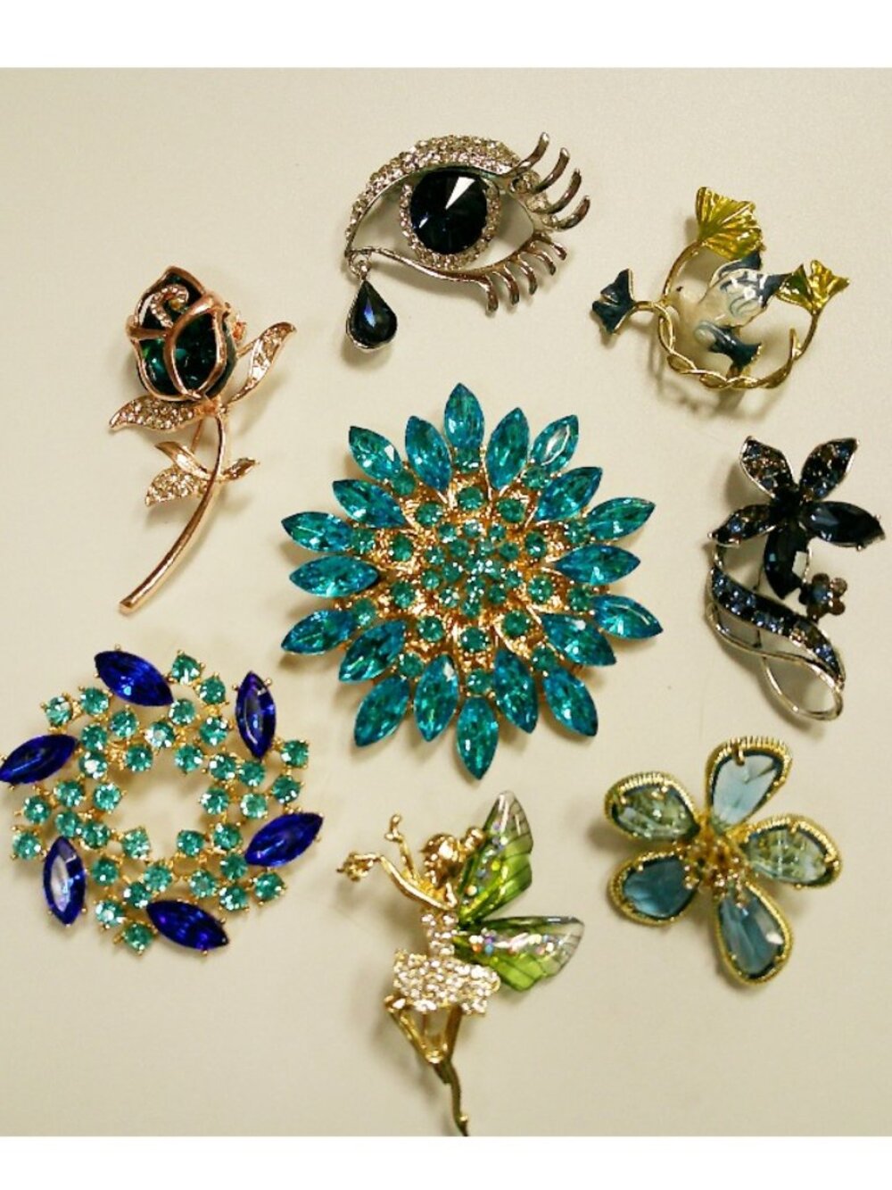 Brooch Lot of 8 - Shades of Blue - Rhinestones - Pin Lot